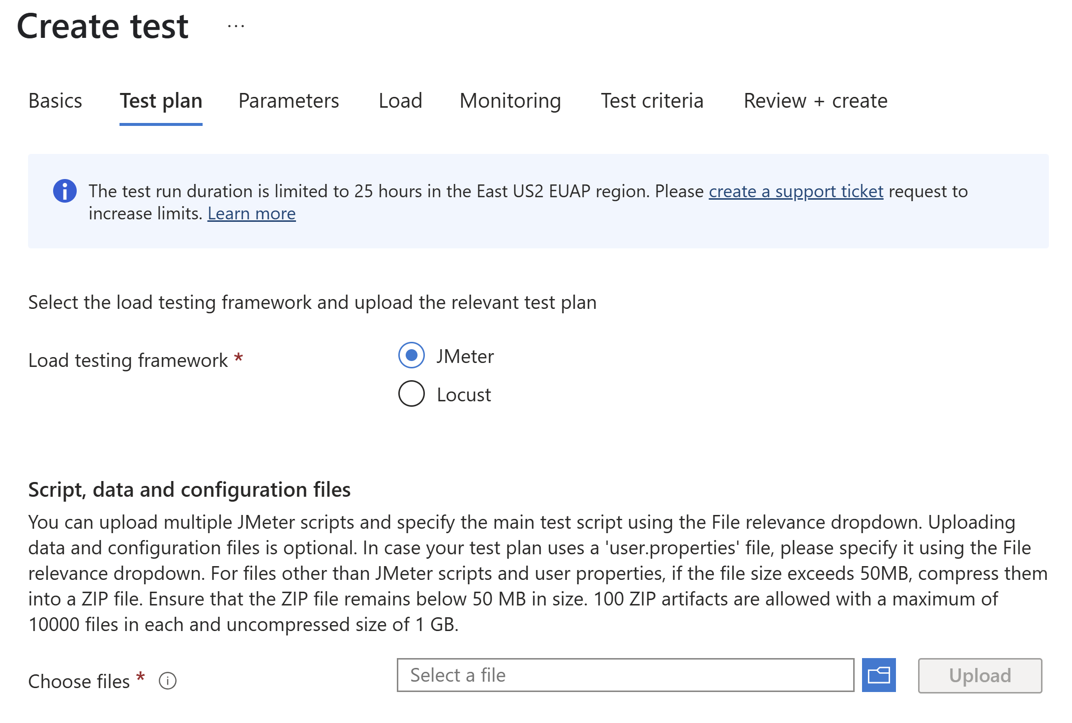 Screenshot that shows the test plan page for creating a test in the Azure portal, highlighting the upload functionality.