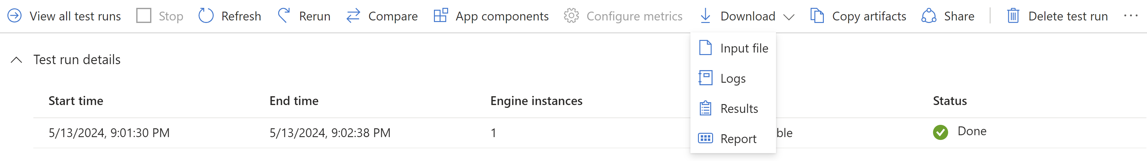 Screenshot that shows how to download the test results from the 'Test run details' pane.