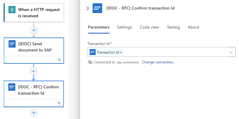 Screenshot shows Consumption workflow with action named Confirm transaction ID, which includes GUID output from previous action.