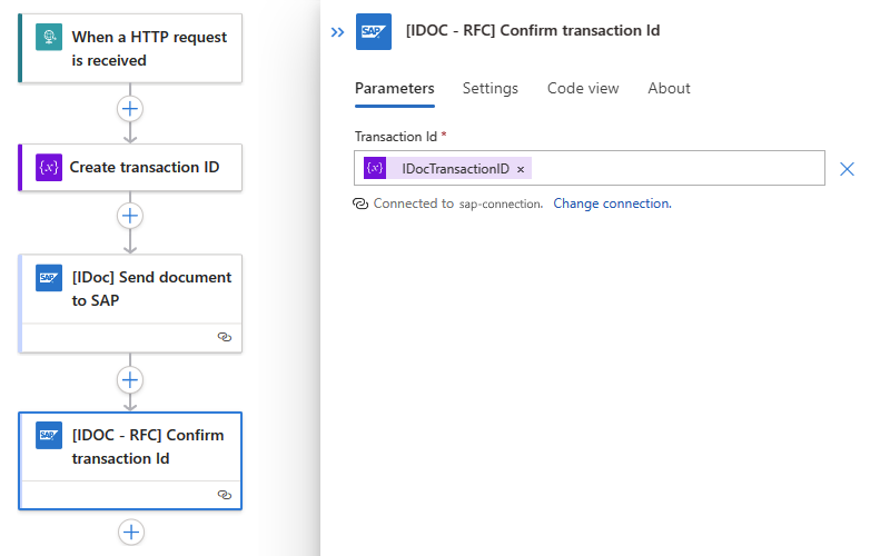 Screenshot shows Standard workflow with action named Confirm transaction ID using a variable.