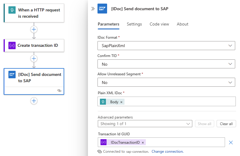 Screenshot shows Standard workflow with action named IDOC Send document to SAP.