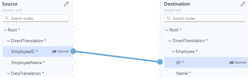 Screenshot shows a complete mapping between the EmployeeID and ID in the source and target schemas, respectively.