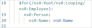 Screenshot shows Code pane  with loop mapping between source and target parent arrays plus array items.