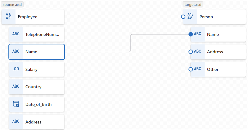 Screenshot shows mapper surface and drawing a mapping between the Name items in the source Employee and target Person arrays.