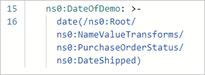 Screenshot shows Code pane with direct mapping relationship between source and target elements.