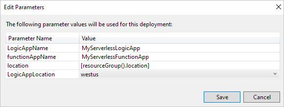 Screenshot showing the "Edit Parameters" window with names for your logic app resource and function app resource.