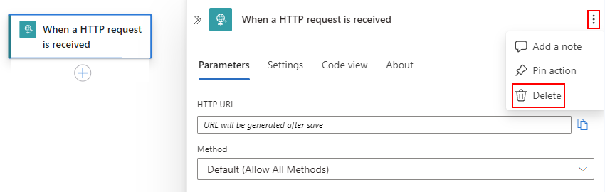 Screenshot shows workflow designer with selected trigger, opened trigger information pane, and selected ellipses button and selected Delete command.