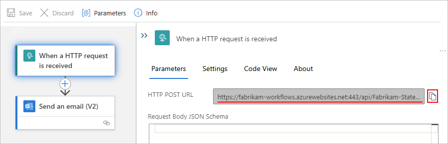 Screenshot shows workflow designer with Request trigger and endpoint URL in property named HTTP URL.