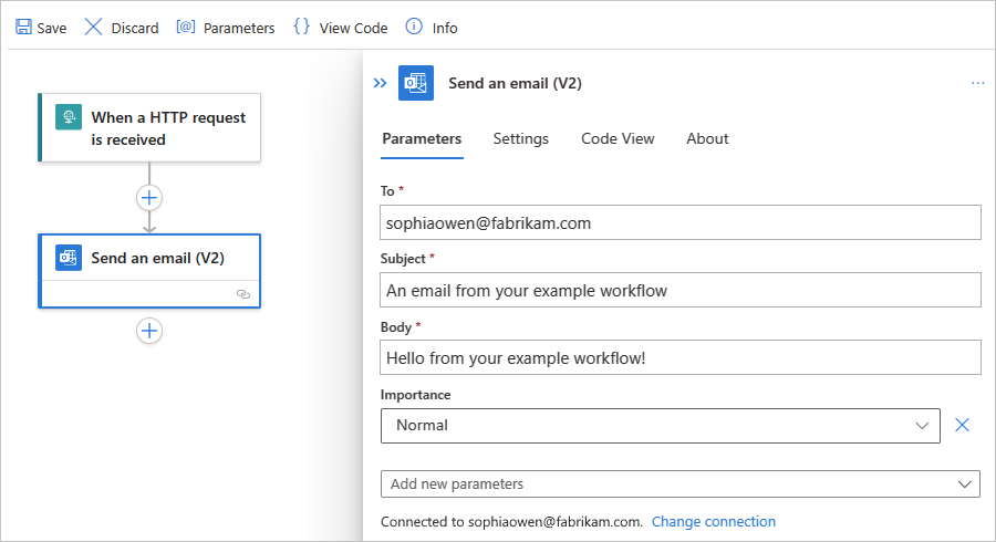 Screenshot shows designer, action named Send an email (V2), and action information pane with selected tab named Parameters.