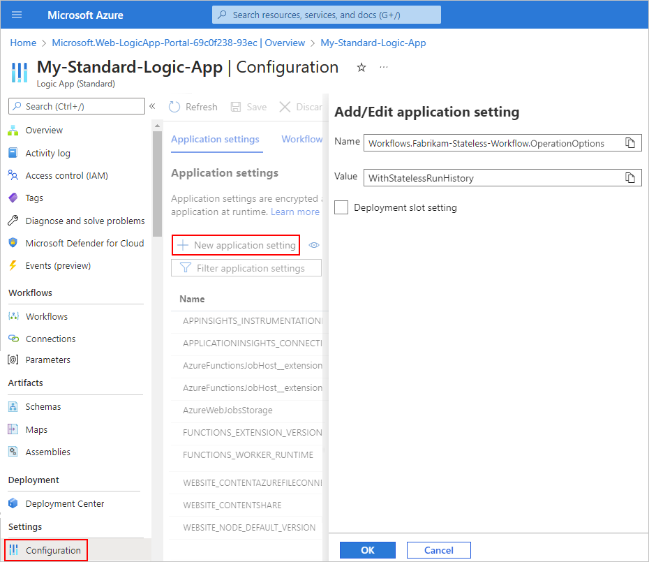 Screenshot showing Standard logic app and pane named Add/Edit application setting with Workflows.{yourWorkflowName}.OperationOptions set to WithStatelessRunHistory.