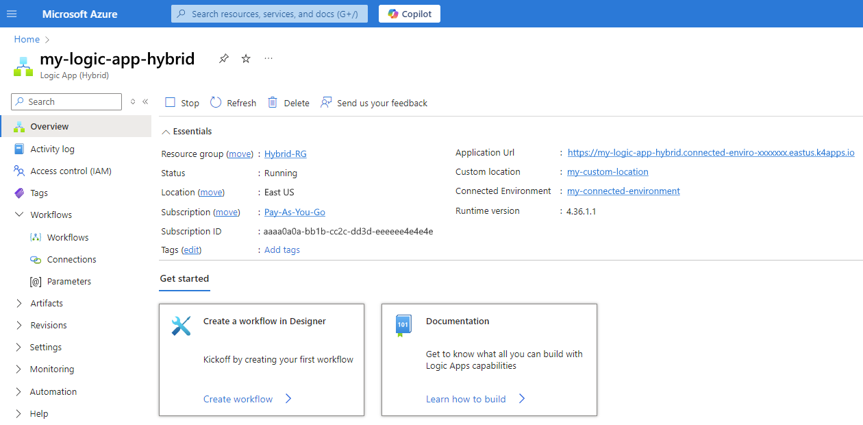 Screenshot shows Azure portal with Standard logic app for hybrid deployment created as a container app.