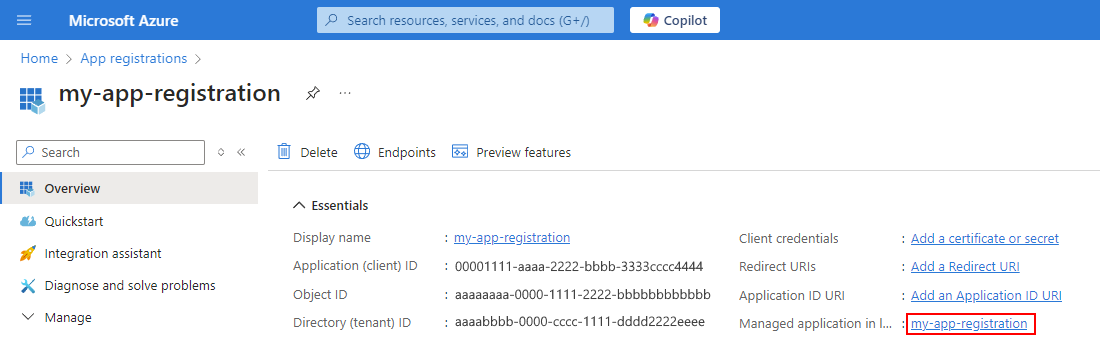 Screenshot shows app registration with selected link for managed application in local directory.