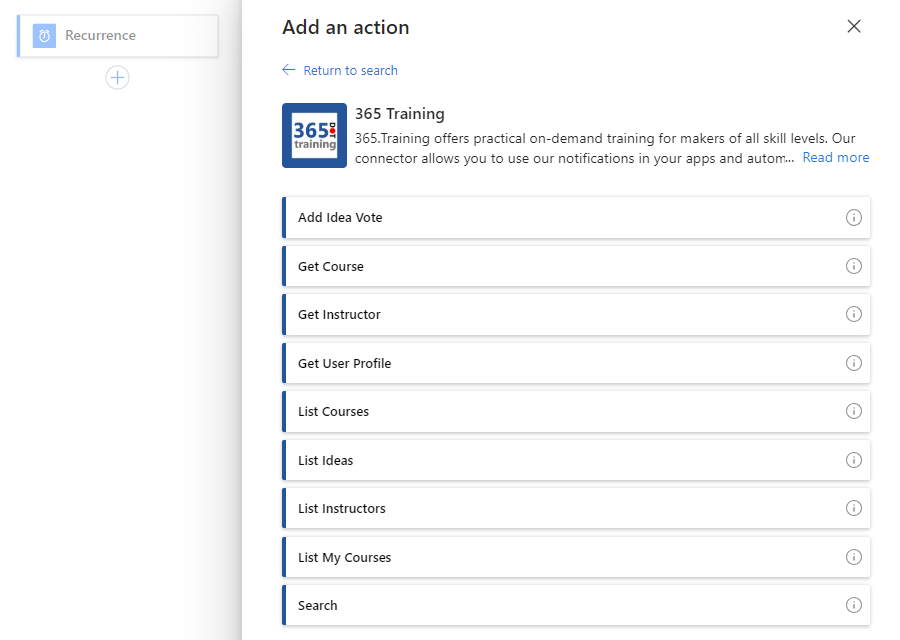 Screenshot shows Azure portal, workflow designer, and 365 Training connector with actions.