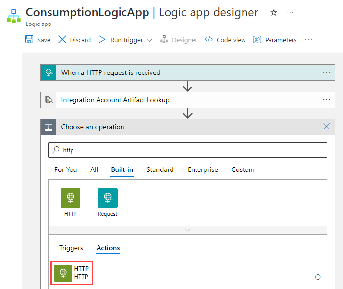 Screenshot of the designer search box with 'http' entered, the 'Built-in' tab highlighted, and the HTTP action selected.