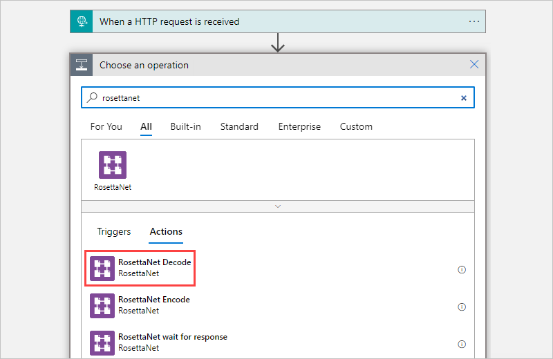Screenshot of the designer. The Choose an operation search box contains rosettanet, and the RosettaNet Decode action is selected.