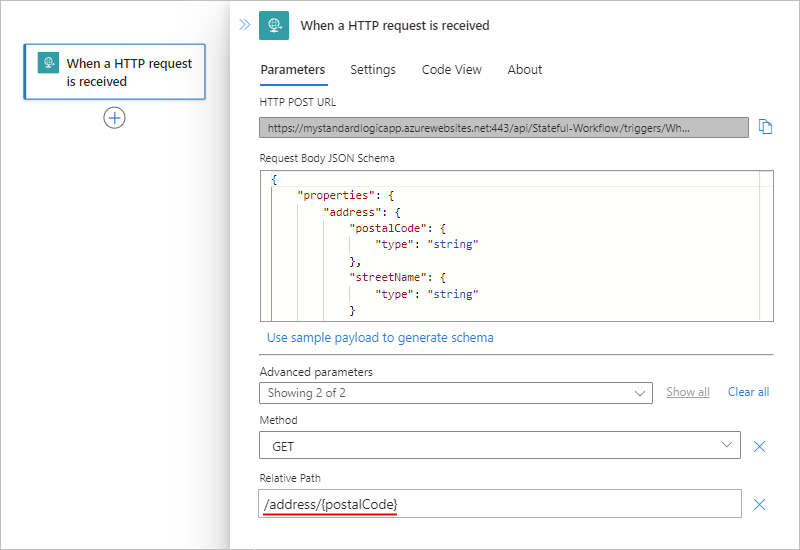 Screenshot shows Standard workflow, Request trigger, and Relative path parameter value.