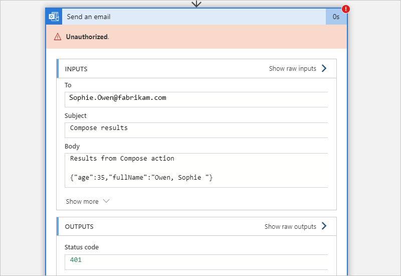 Screenshot showing the "Logic app run" pane with the expanded shape for an example failed step.