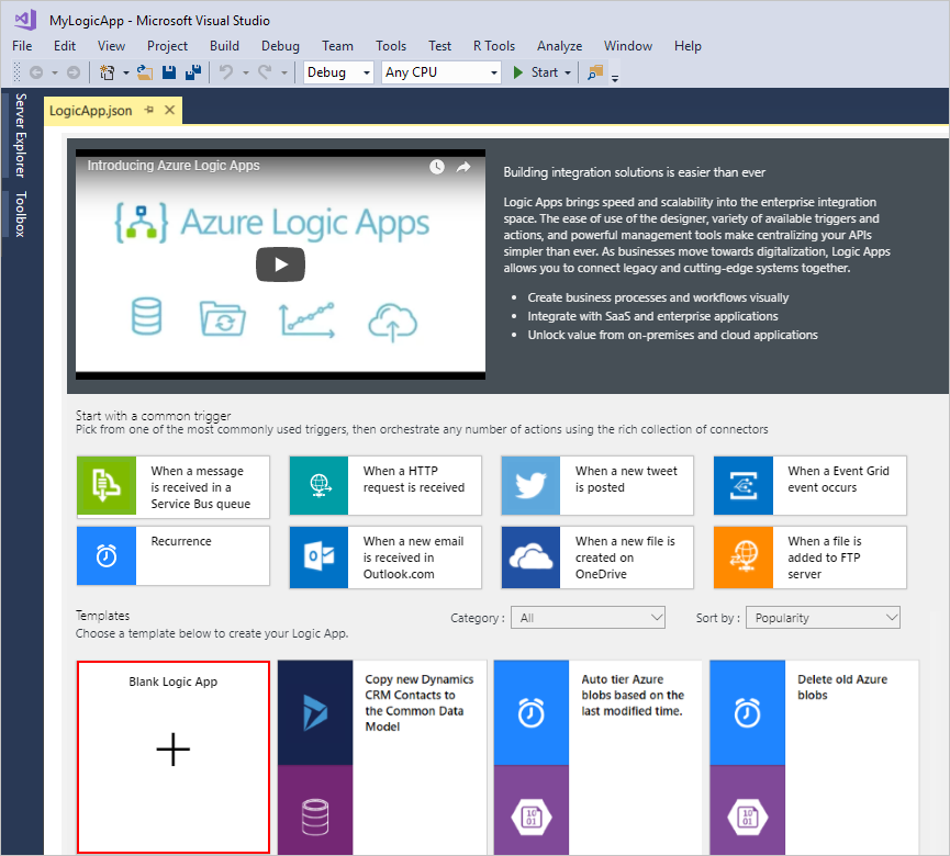 Screenshot shows selected template named Blank Logic App.