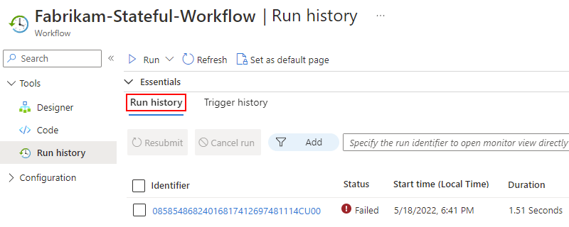 Screenshot shows Standard workflow, run history page, and selected tab named Run history.