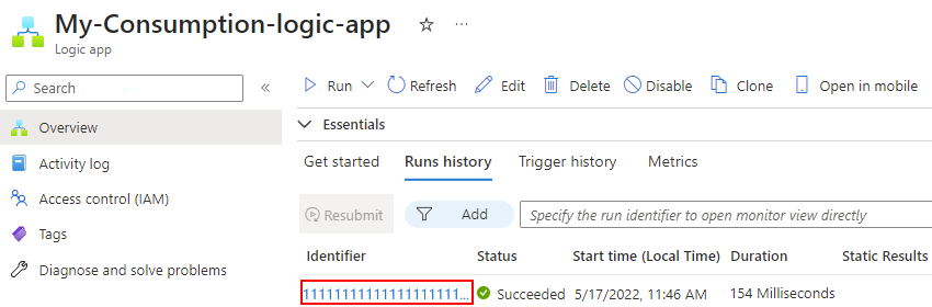 Screenshot shows a selected Consumption workflow run.