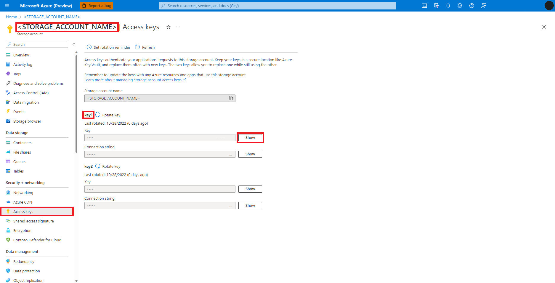 Screenshot that shows the Azure access key and connection string values screen.