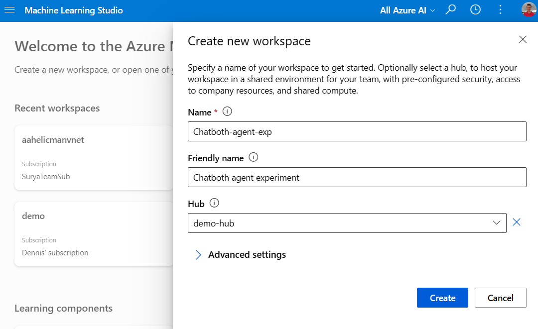 Screenshot of creating a workspace hub in Azure Machine Learning studio.