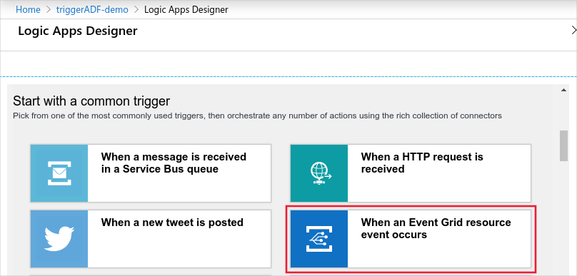 Screenshot shows the Logic Apps Designer with Start with a common trigger options, including When an Event Grid resource event occurs.