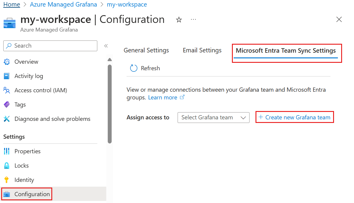 Screenshot of the Azure portal. Configuring Microsoft Entra Team Sync.