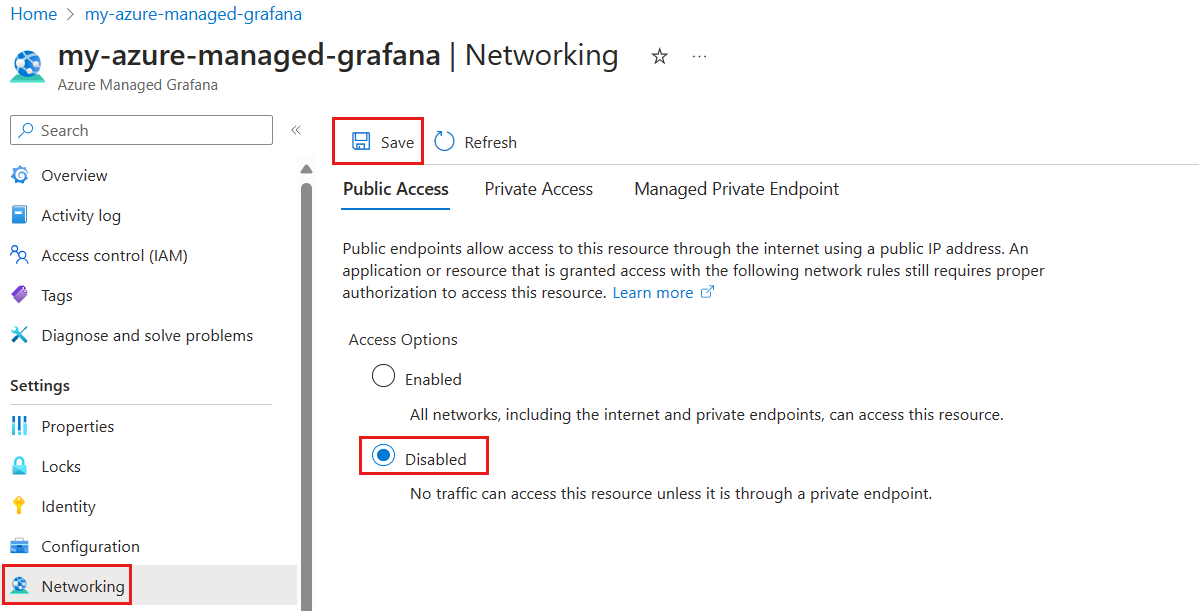 Screenshot of the Azure portal disabling public access.