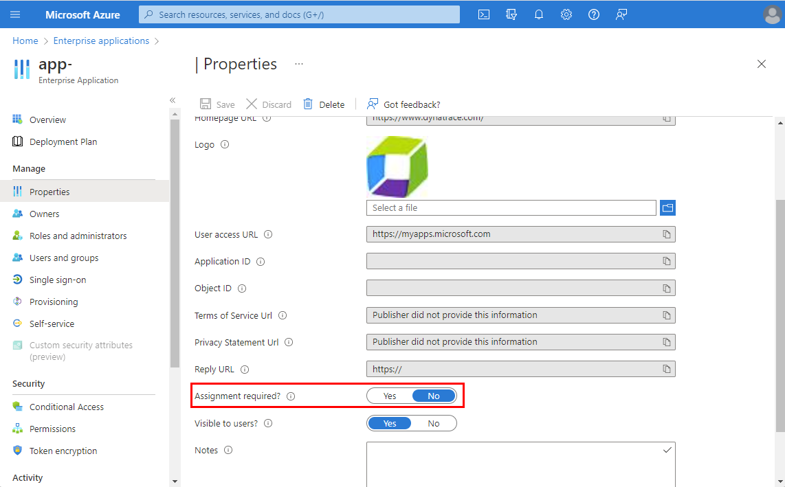 Screenshot of the Dynatrace service properties.