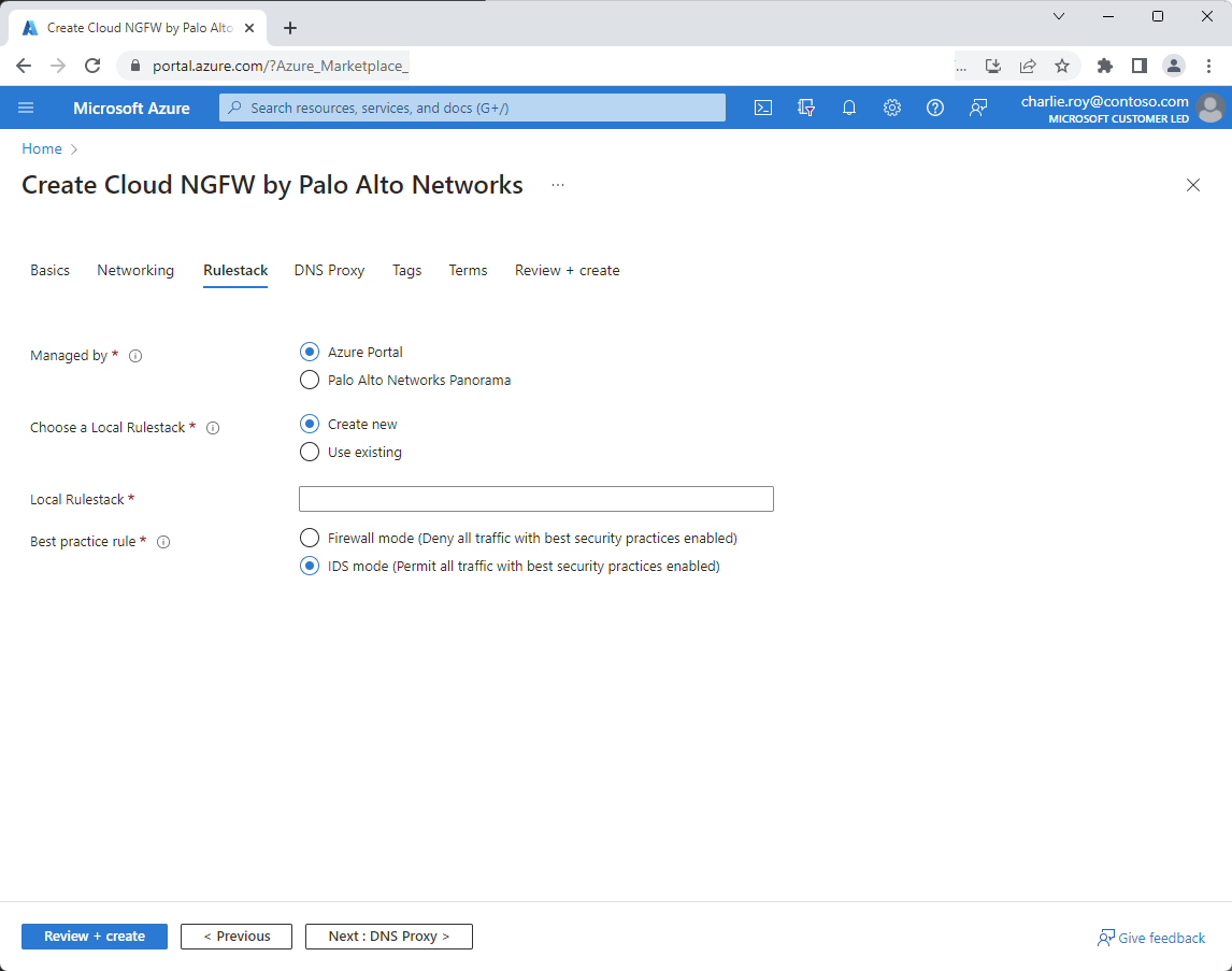 Screenshot of the Rulestack in the Palo Alto Networks create experience.