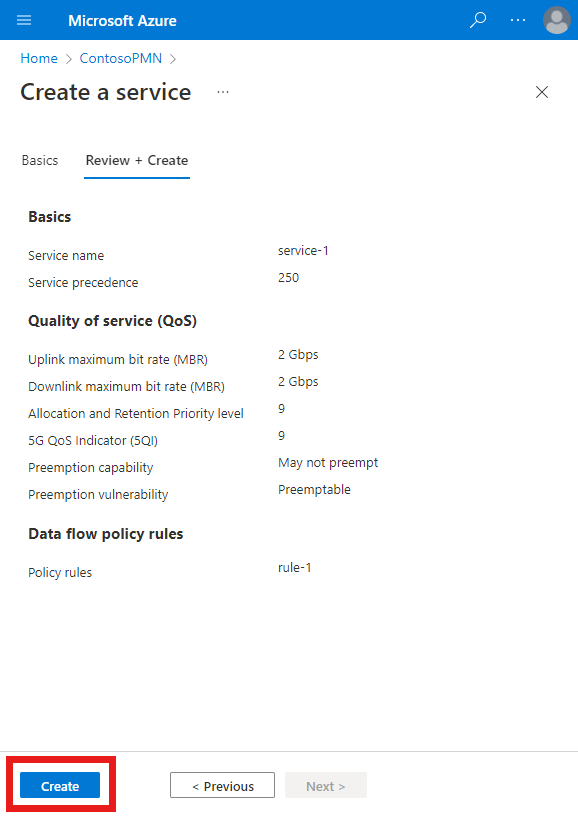Screenshot of the Azure portal showing the Create button on the Review and create tab for a service.