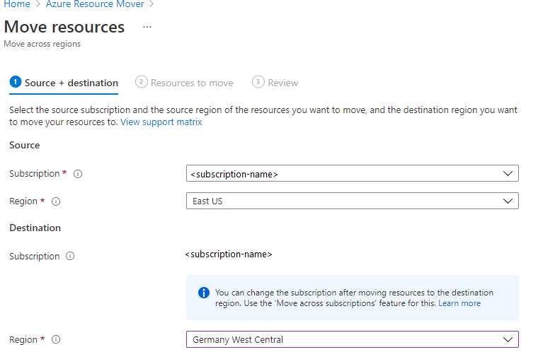 Page to select source and destination region..