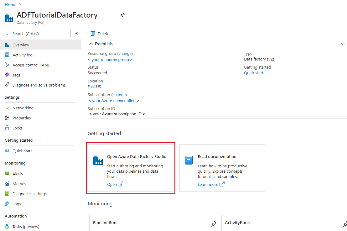 Screenshot of the Home page for the Azure Data Factory, with the Open Azure Data Factory Studio tile.