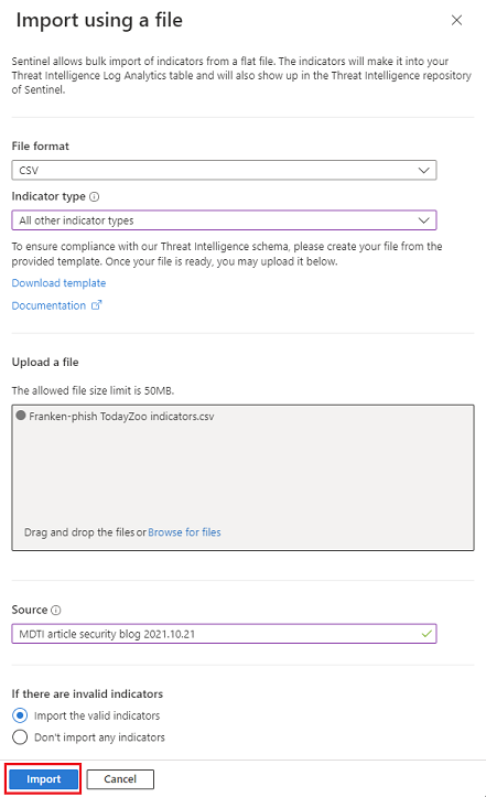 Screenshot that shows the dropdown menu to upload a CSV or JSON file, choose a template, and specify a source highlighting the Import button.