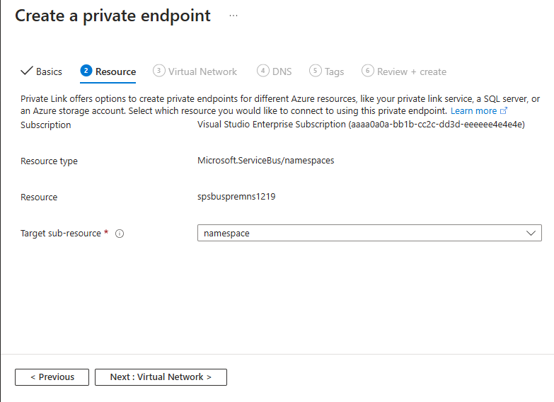 Screenshot showing the Resource page of the Create private endpoint wizard.