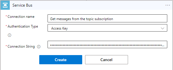 Screenshot that shows the Logic Apps Designer with the Service Bus connection string specified.