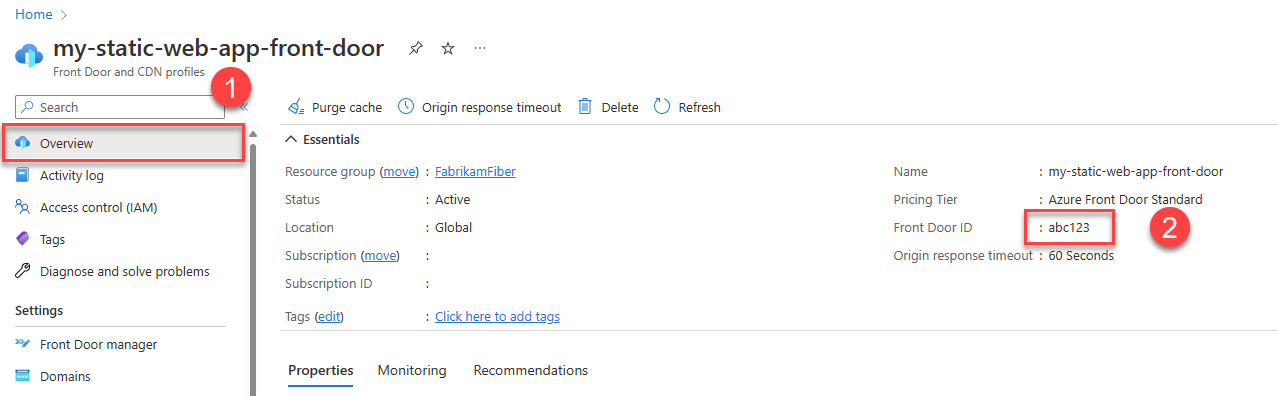 Screenshot showing highlighted Overview item and highlighted Front Door ID number.