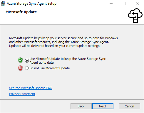 Ensure Microsoft Update is enabled in the Microsoft Update pane of the Azure File Sync agent installer.