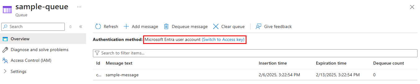 Screenshot showing user currently accessing queues with Microsoft Entra account