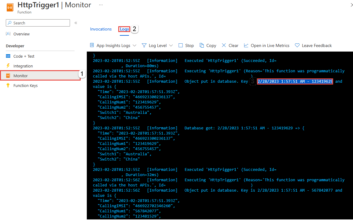 Screenshot showing the Monitor Logs page for the Azure function. 