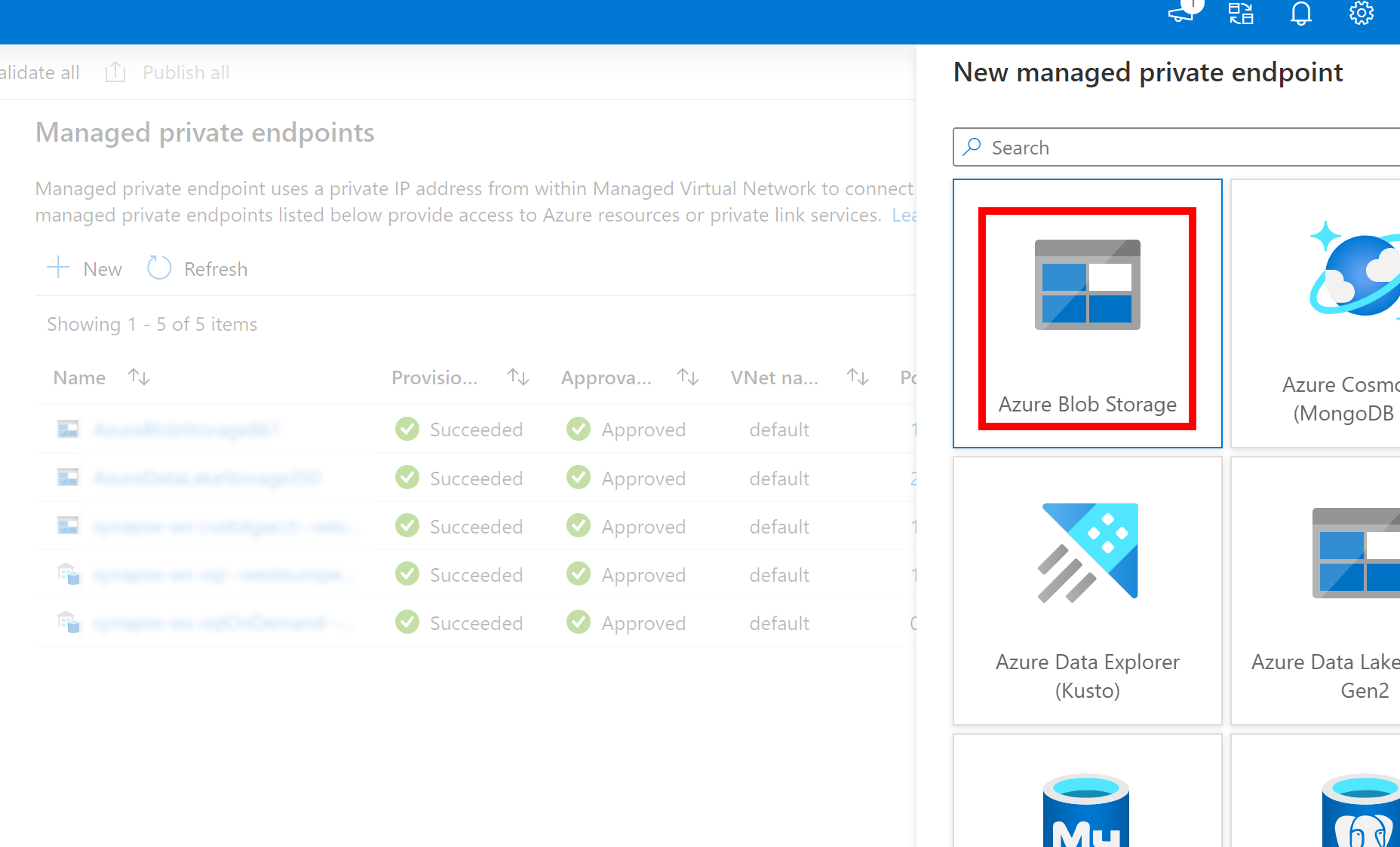 Screenshot of creating a managed private end-point to an ADLS Gen2 storage using blob endpoint.