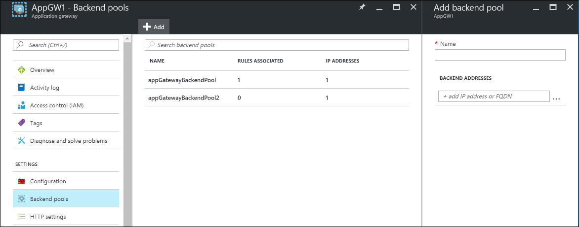 Application Gateway "Add backend pool"