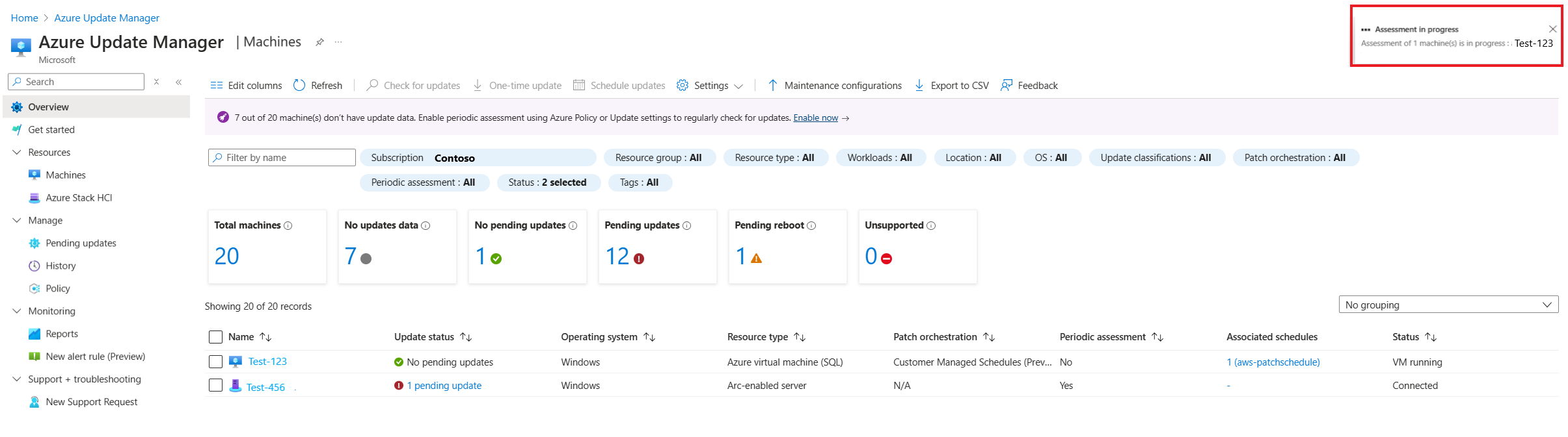 Screenshot that shows initiating a scan assessment for selected machines with the Check for updates option.