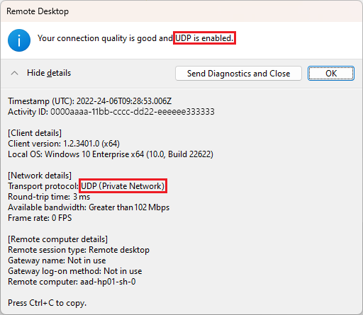 Screenshot of Remote Desktop Connection Info dialog when using RDP Shortpath for managed networks.