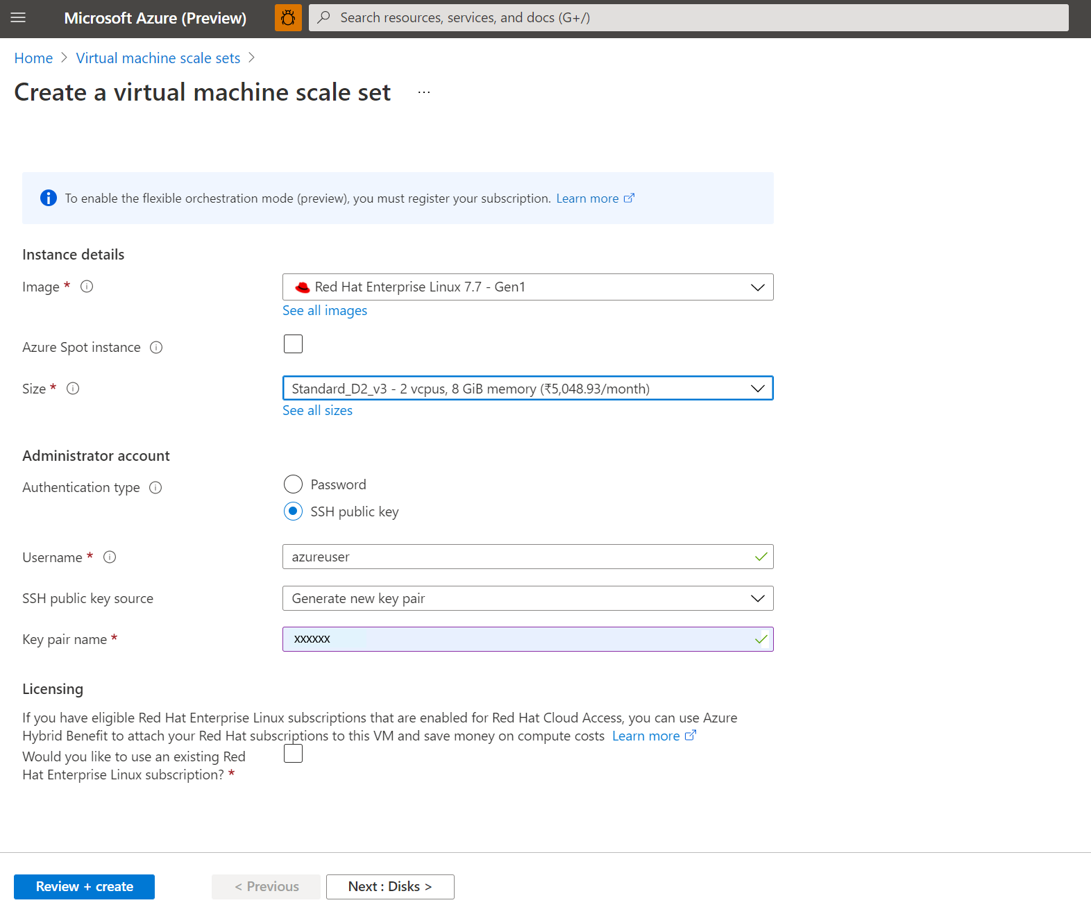 Screenshot of the portal page for creating a Virtual Machine Scale Set.