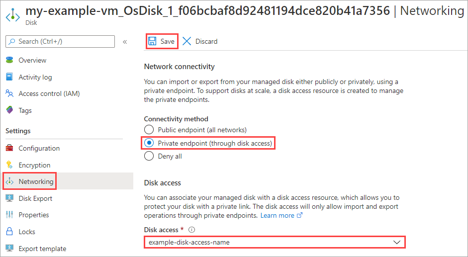 Screenshot of the managed disk networking pane. Highlighting the private endpoint selection as well as the selected disk access. Saving this configures your disk for this access.