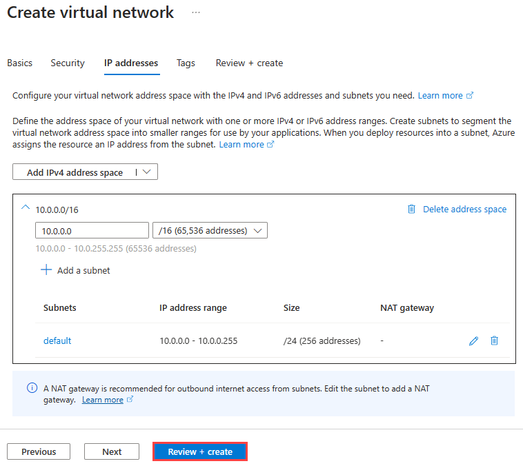 Screenshot of IP addresses tab for hub and spoke virtual network.