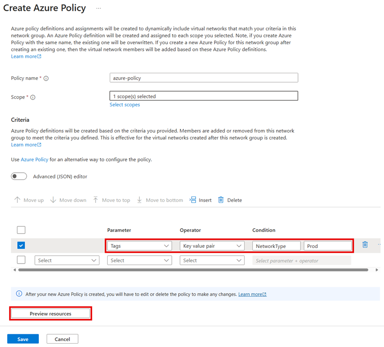 Screenshot of the pane for creating an Azure policy, including criteria for definitions.