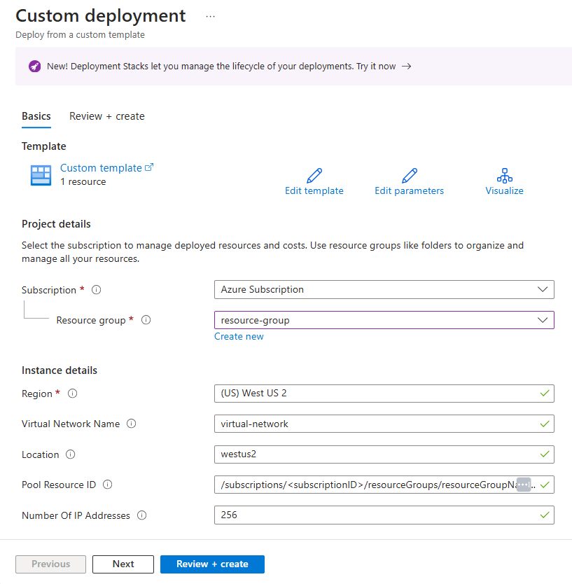 Screenshot of custom deployment page with values.